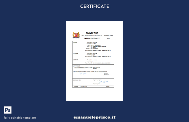 certificato di nascita dello stato di stato di Singapore in stile verificato mod